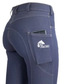 Denim Jodhpurs With Phone Pocket And NO Silicone -King Breyer Shop Denim jodhpurs showing phone in pocket cb60476d 2fdb 4655 ad44 7c155c97801c